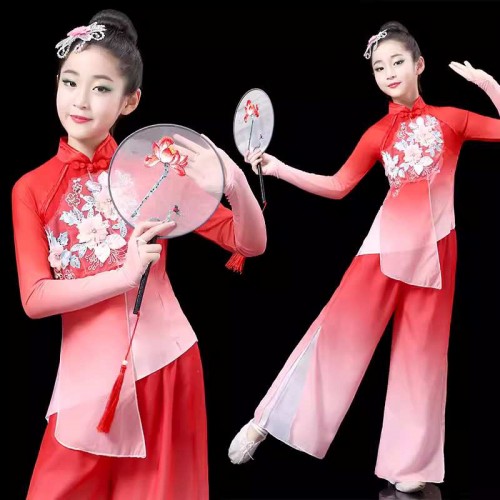 Children girls chinese folk classical dance costumes hanfu Yange fan umbrella dance dresses for kids ancient traditional performance costumes